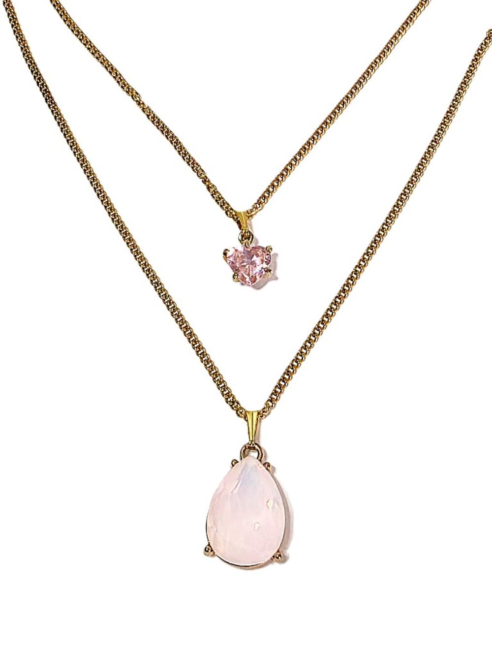 Pink crystal & Rose Quartz gold stainless steel necklace